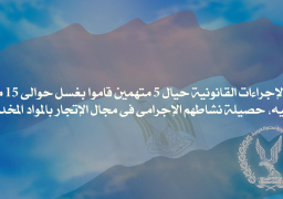 إتخاذ الإجراءات القانونية حيال 5 متهمين قاموا بغسل حوالى 15 مليون جنيه، حصيلة نشاطهم الإجرامى فى مجال الإتجار بالمواد المخدرة