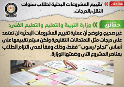 التعليم: لا صحة لتقييم المشروعات البحثية لطلاب سنوات النقل بالدرجات