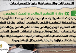 الحكومة تنفى إيقاف الدراسة بالجامعات والمعاهد وإلغاء الامتحانات والاستعاضة عنها بتقديم أبحاث