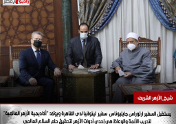 شيخ الأزهر : يستقبل السفير ارتوراس جايليوناس سفير ليتوانيا لدى القاهرة ويؤكد “أكاديمية الأزهر العالمية” لتدريب الأئمة والوعاظ هي إحدى أدوات الأزهر لتحقيق حلم السلام العالمي