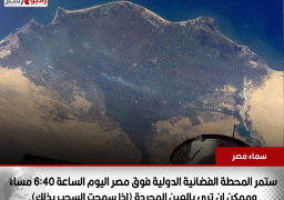 ستمر المحطة الفضائية الدولية فوق مصر اليوم الساعة 6:40 مساءً وممكن ان تري بالعين المجردة (إذا سمحت السحب بذلك).