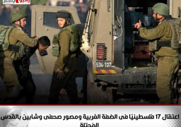 اعتقال 17 فلسطينيًا فى الضفة الغربية ومصور صحفى وشابين بالقدس المُحتلة