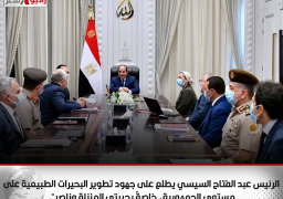 الرئيس عبد الفتاح السيسي يطلع على جهود تطوير البحيرات الطبيعية على مستوى الجمهورية، خاصةً بحيرتي المنزلة وناصر”.