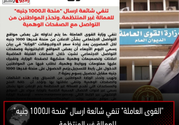 “القوى العاملة” تنفي شائعة ارسال “منحة الـ1000 جنيه” للعمالة غير المنتظمة..وتحذر المواطنين من التواصل مع الصفحات الوهمية