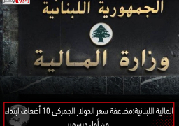 المالية اللبنانية: مضاعفة سعر الدولار الجمركى 10 أضعاف ابتداء من أول ديسمبر