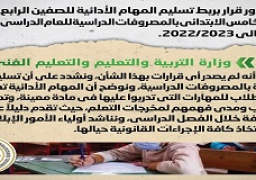 صدور قرار بربط تسليم المهام الأدائية للصفين الرابع والخامس الابتدائي بالمصروفات الدراسية للعام الدراسي الحالي 2022/2023