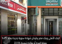 البنك الأهلى وبنك مصر يطرحان شهادة سنوية جديدة بعائد 25 % بنهاية المدة أو بفائدة شهرية 22.5%