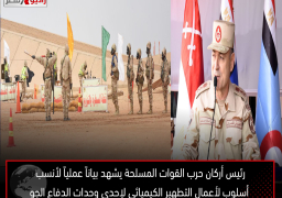 الفريق / أسامة عسكر رئيس أركان حرب القوات المسلحة يشهد بياناً عملياً لأنسب أسلوب لأعمال التطهير الكيميائى لإحدى وحدات الدفاع الجو