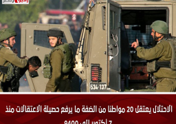 الاحتلال يعتقل 20 مواطنا من الضفة ما يرفع حصيلة الاعتقالات منذ 7 أكتوبر إلى 9400